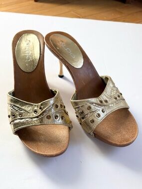 Aldo Metallic Gold Slide Heels with rhinestones and pillar heel, Sz 7